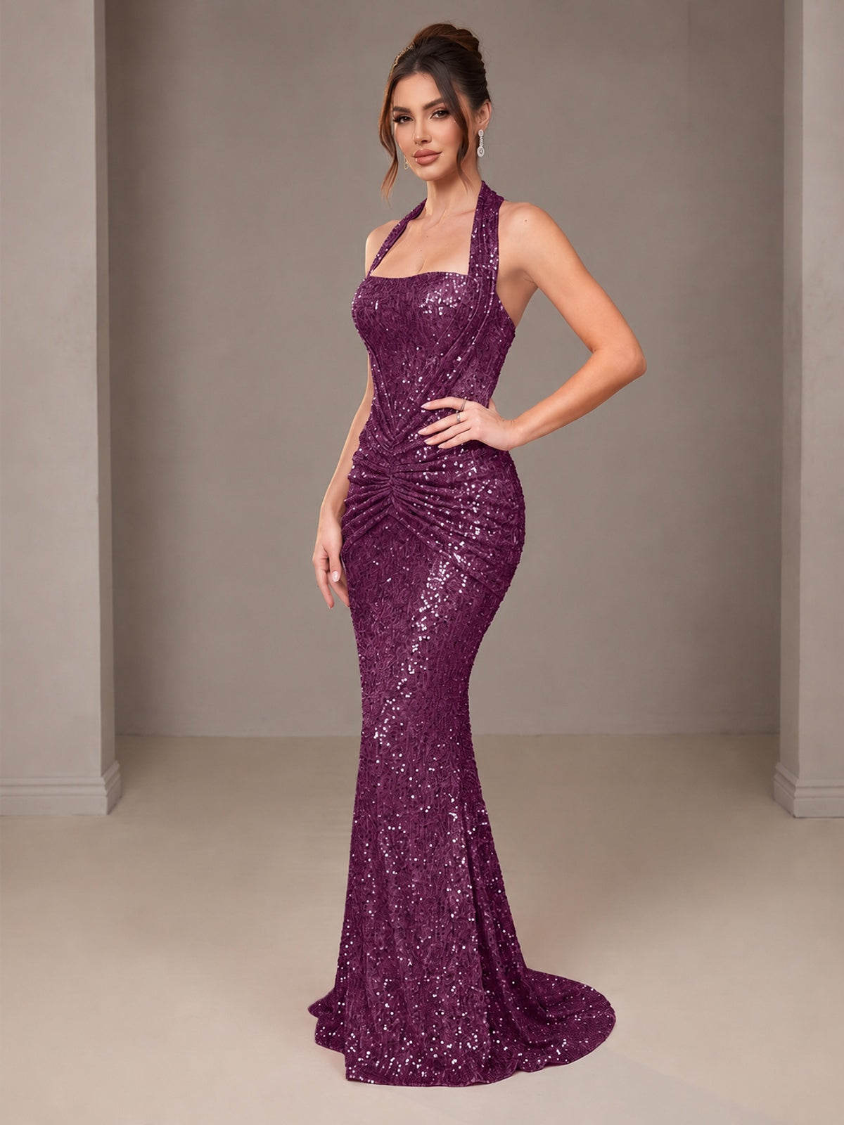 Gold Halter Sequin Mermaid Ruched Prom Dress Long Ruched Evening Gown