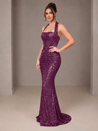 Gold Halter Sequin Mermaid Ruched Prom Dress Long Ruched Evening Gown