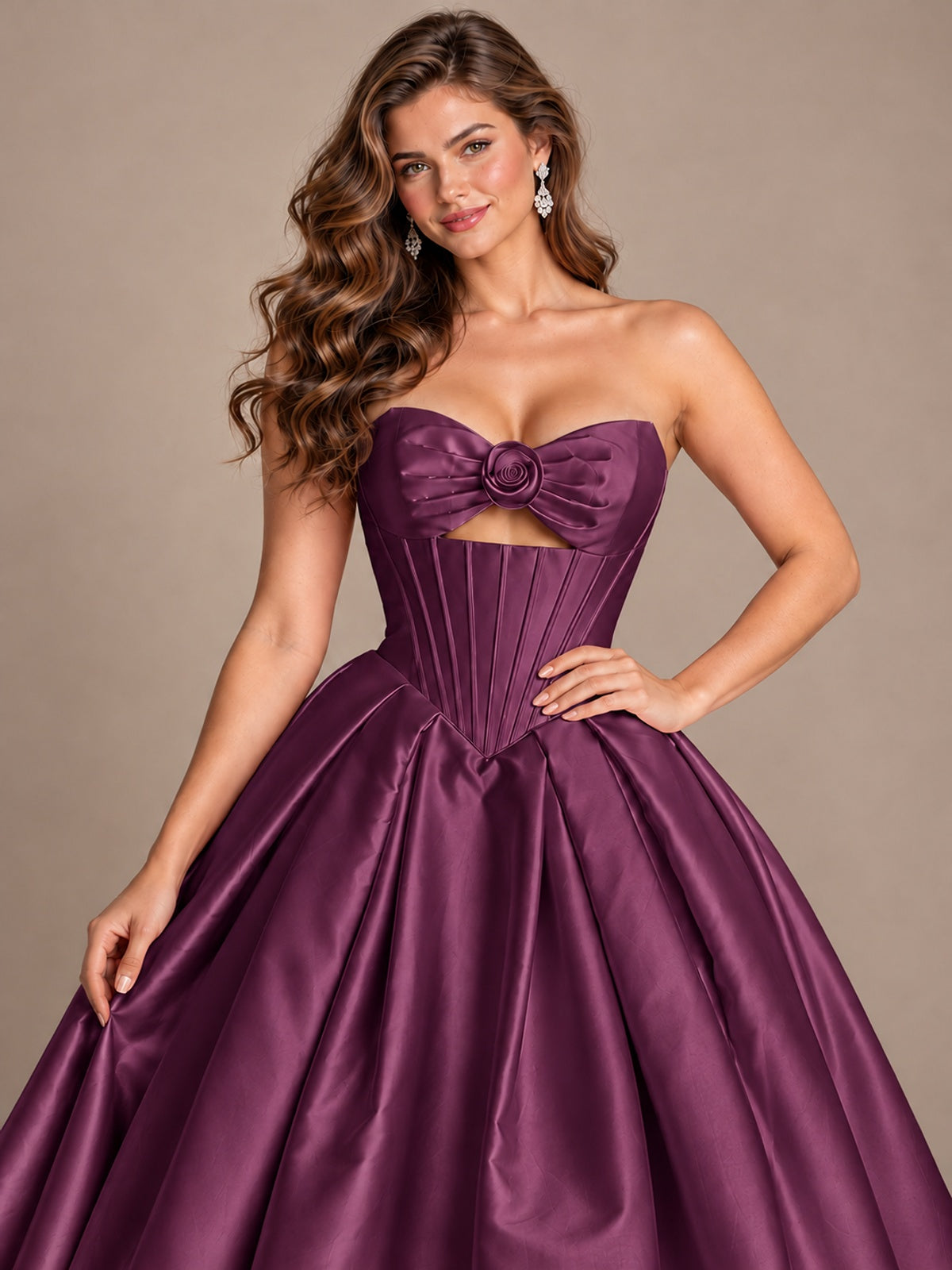 Pink Strapless Corset Satin Prom Derss & Ball Gown with 3D Floral
