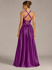 Light Yellow Halter Neck Satin A-Line Maxi Dress with Pockets