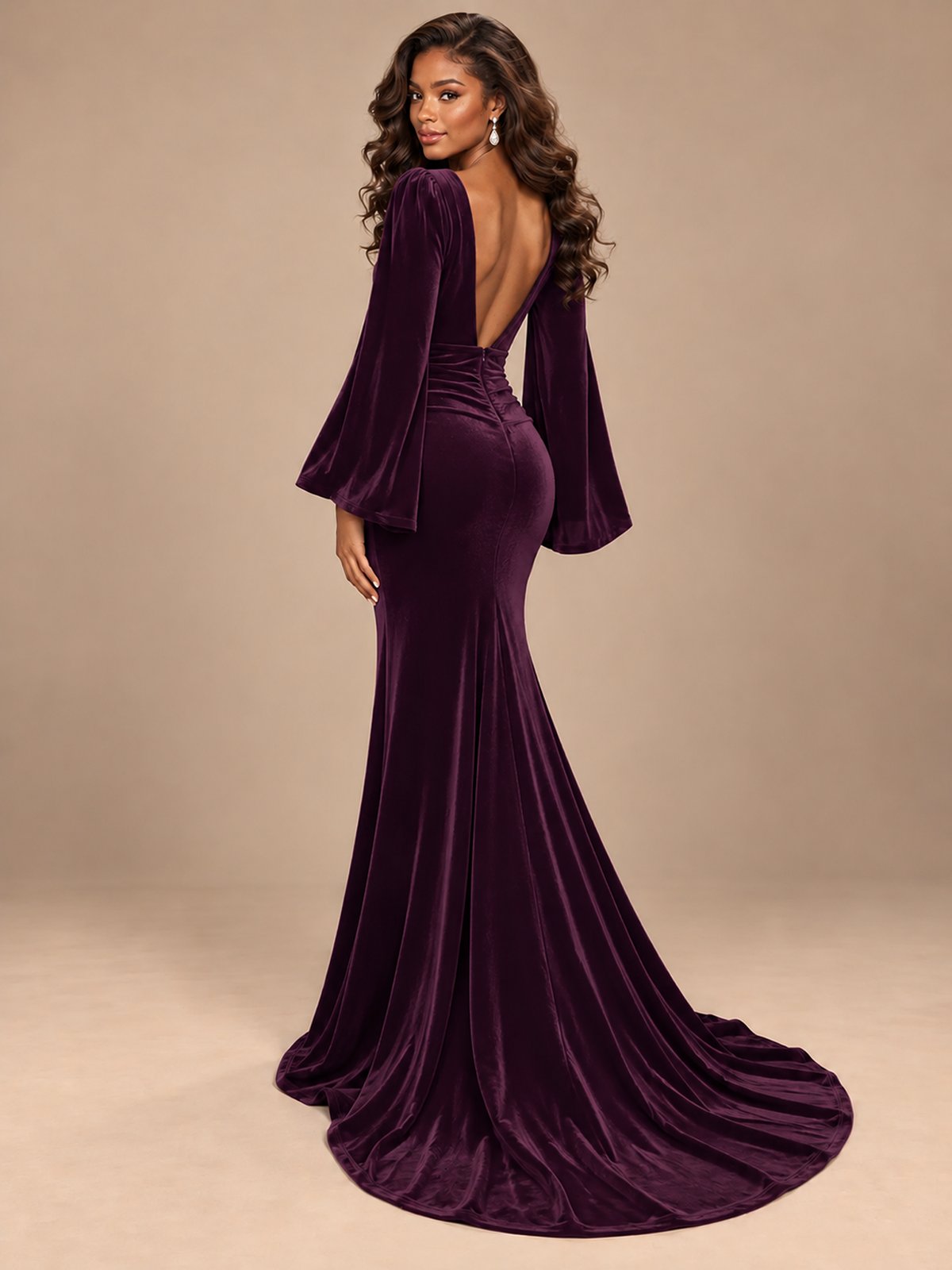 Burgundy Velvet Deep V-Neck Ruched Long Sleeve Maxi Dress