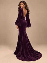 Burgundy Velvet Deep V-Neck Ruched Long Sleeve Maxi Dress