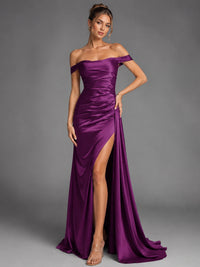 Off Shoulder Satin Maxi Dress with Slit