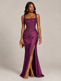 Scoop Neck Sequin Prom Dress with High Slit Satin Formal Gowns