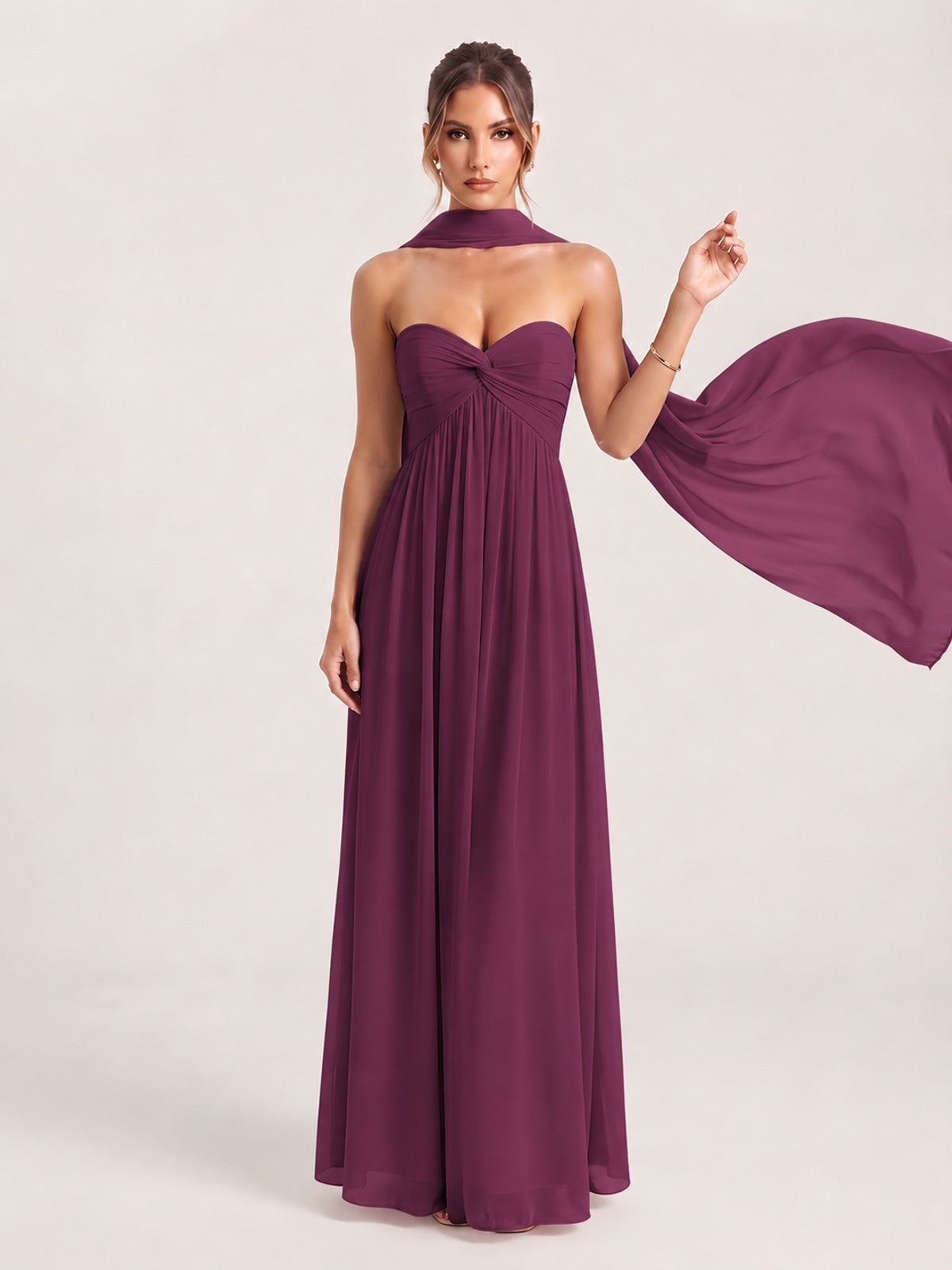 Strapless Ruched Chiffon Long Prom Dress with Scarf
