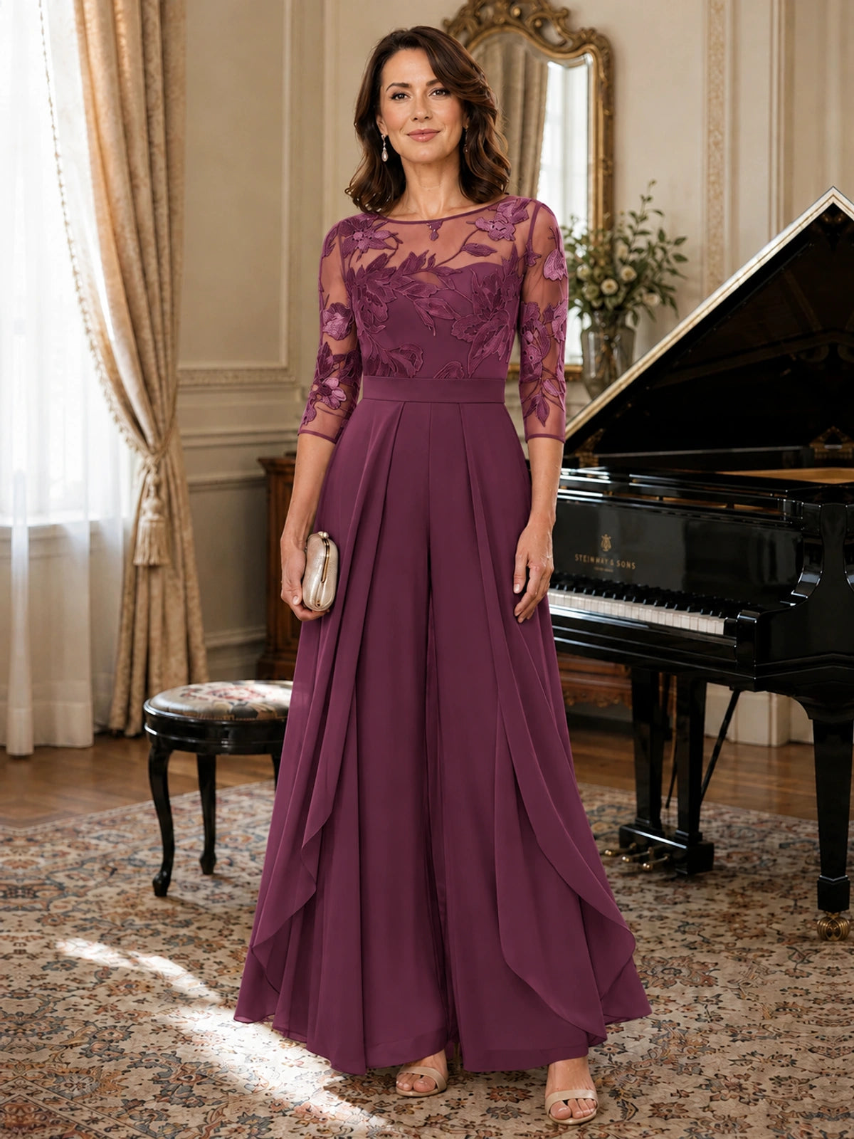 Lace Applique Wide-Leg Chiffon Mother of the Bride Jumpsuit