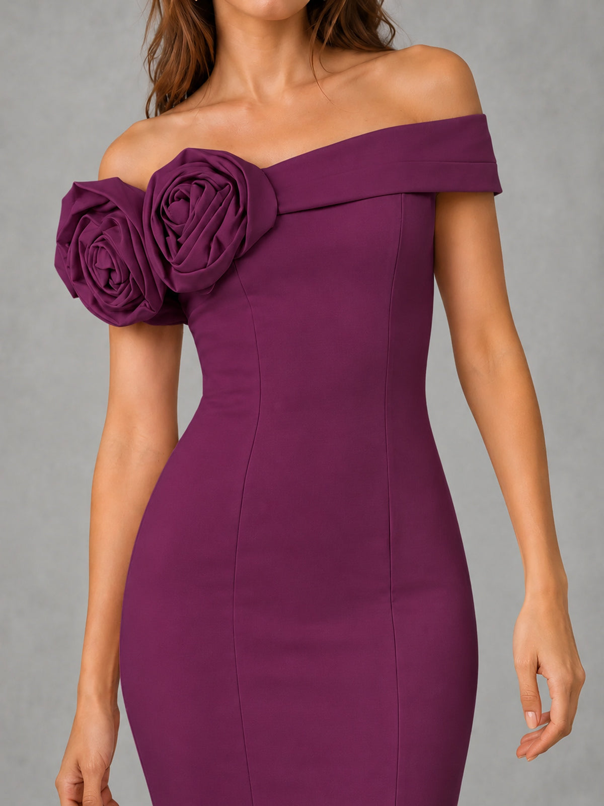 Blush Pink Off Shoulder Mermaid Bridesmaid Dress with Floral Rosette