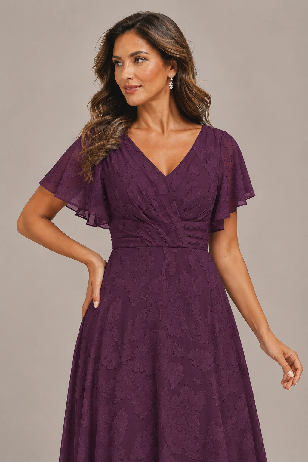 Jovellee Floral Chiffon A-Line Mother of the Bride Dress with Flutter Sleeves