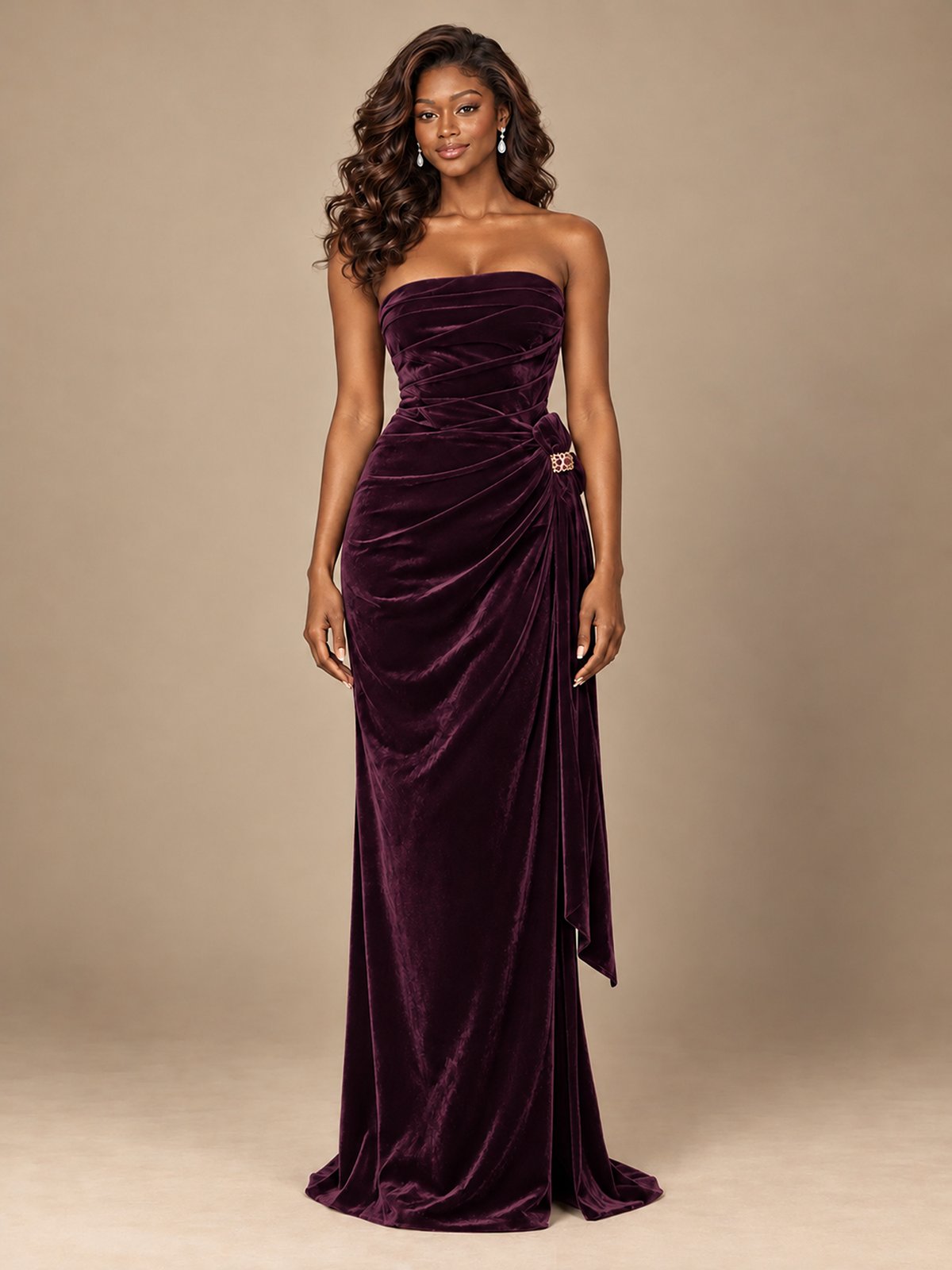 Burgundy Velvet Strapless Ruched Prom Dress with Jeweled Side Drape