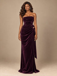 Burgundy Velvet Strapless Ruched Prom Dress with Jeweled Side Drape