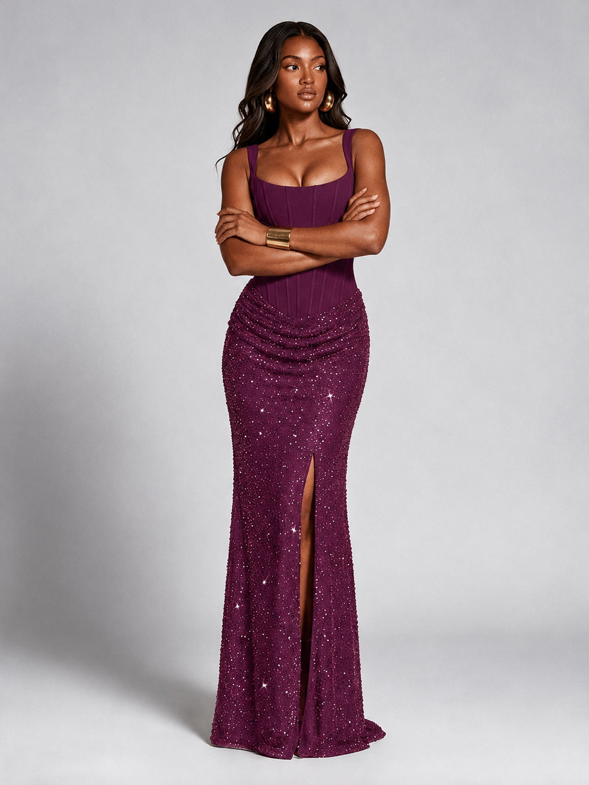 Sequin Corset Mermaid Prom Dress with Square Neck Wide Strap High Slit