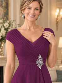 Pleated Chiffon Lace Mother of The Bride Dresses with Beading Cap Sleeves