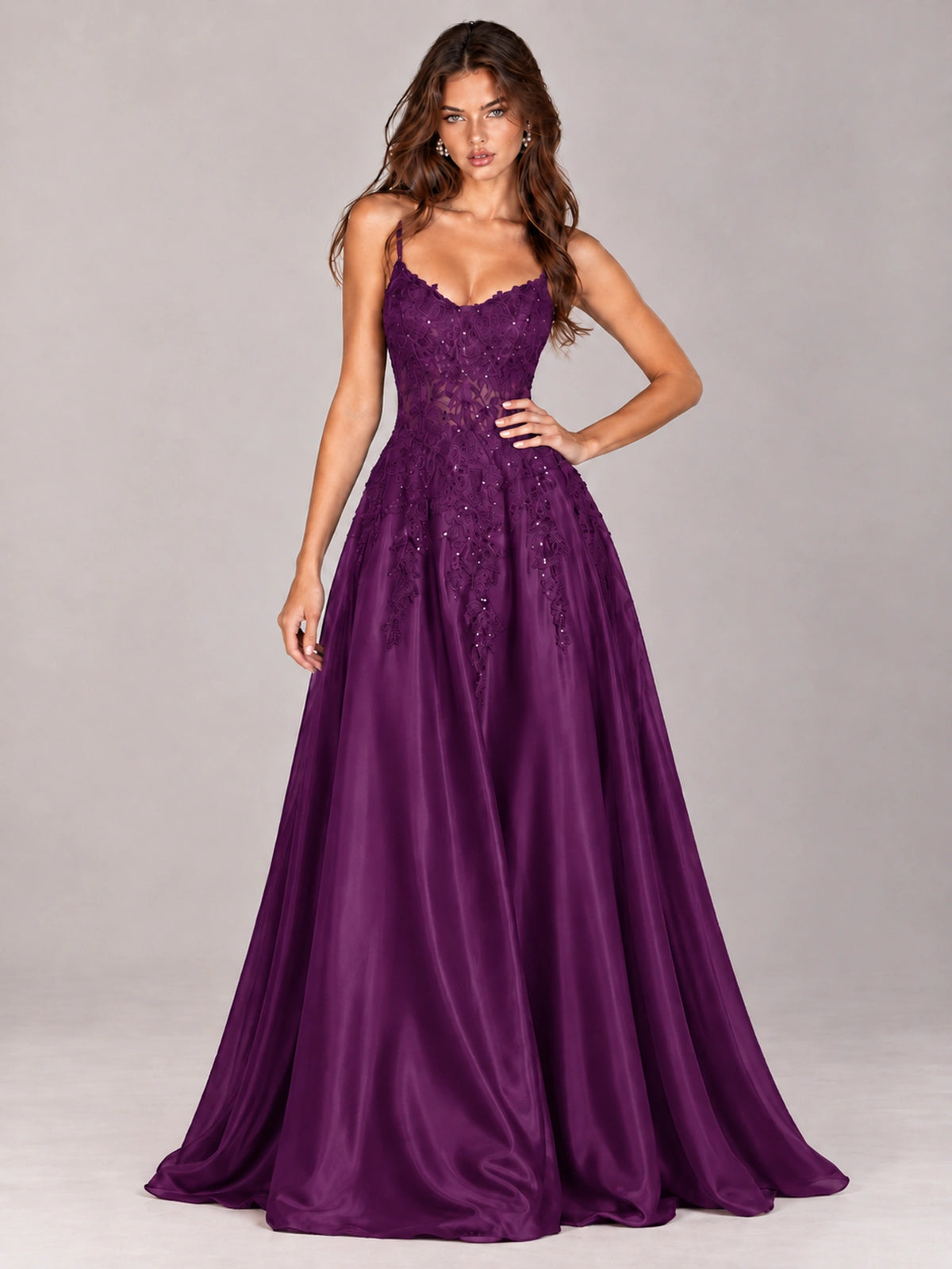 Lace Applique Satin A-Line Prom Dress with Sheer Bodice