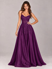 Lace Applique Satin A-Line Prom Dress with Sheer Bodice