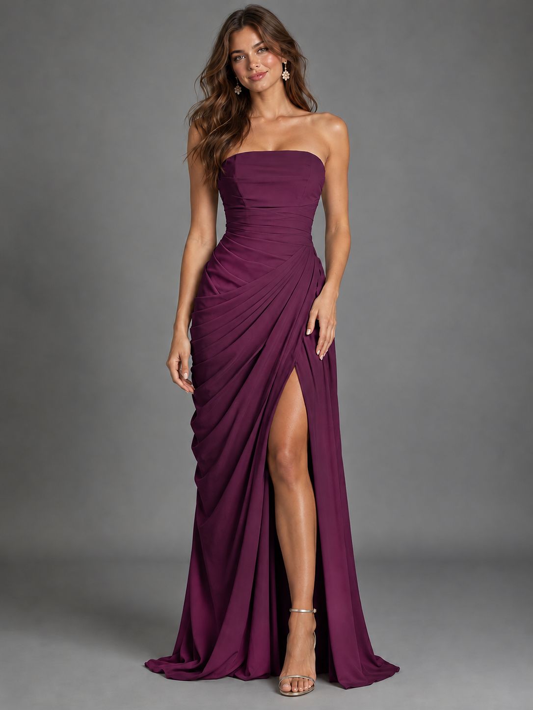 Strapless Bodycon Pleated Chiffon Formal Dress with Slit