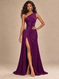 Burgundy One Shoulder Ruched Prom Dress with High Slit & Beaded Waist