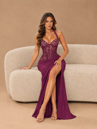 Sweetheart Halter Prom Dress Pleated Lace Floral Formal Dress with Slit