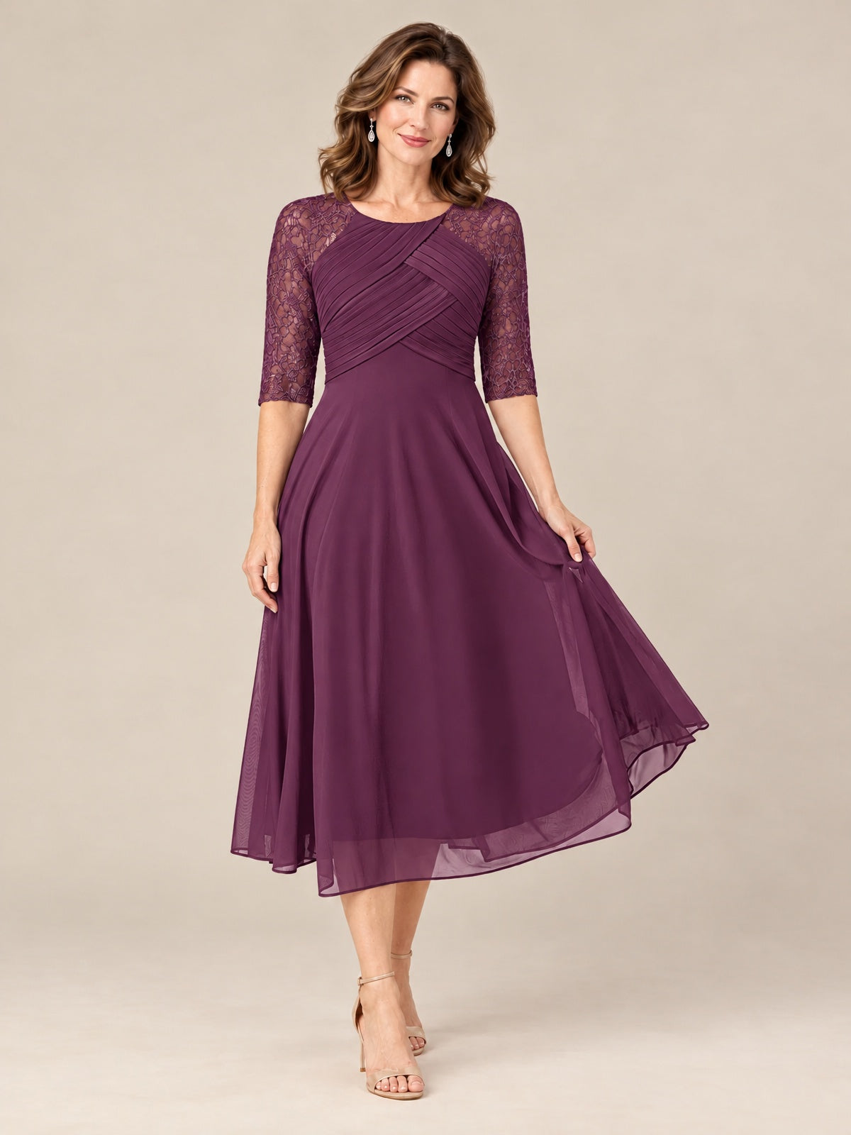 Tea-Length Mother of the Bride Dress with Lace 3/4 Sleeves