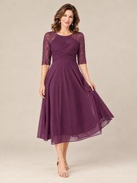 Tea-Length Mother of the Bride Dress with Lace 3/4 Sleeves