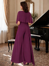 Chiffon Mother of the Bride Jumpsuit with Layered Cape Sleeves