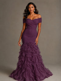 Pink Off-the-Shoulder Mermaid Prom Dress with Ruffles 3D Flowers