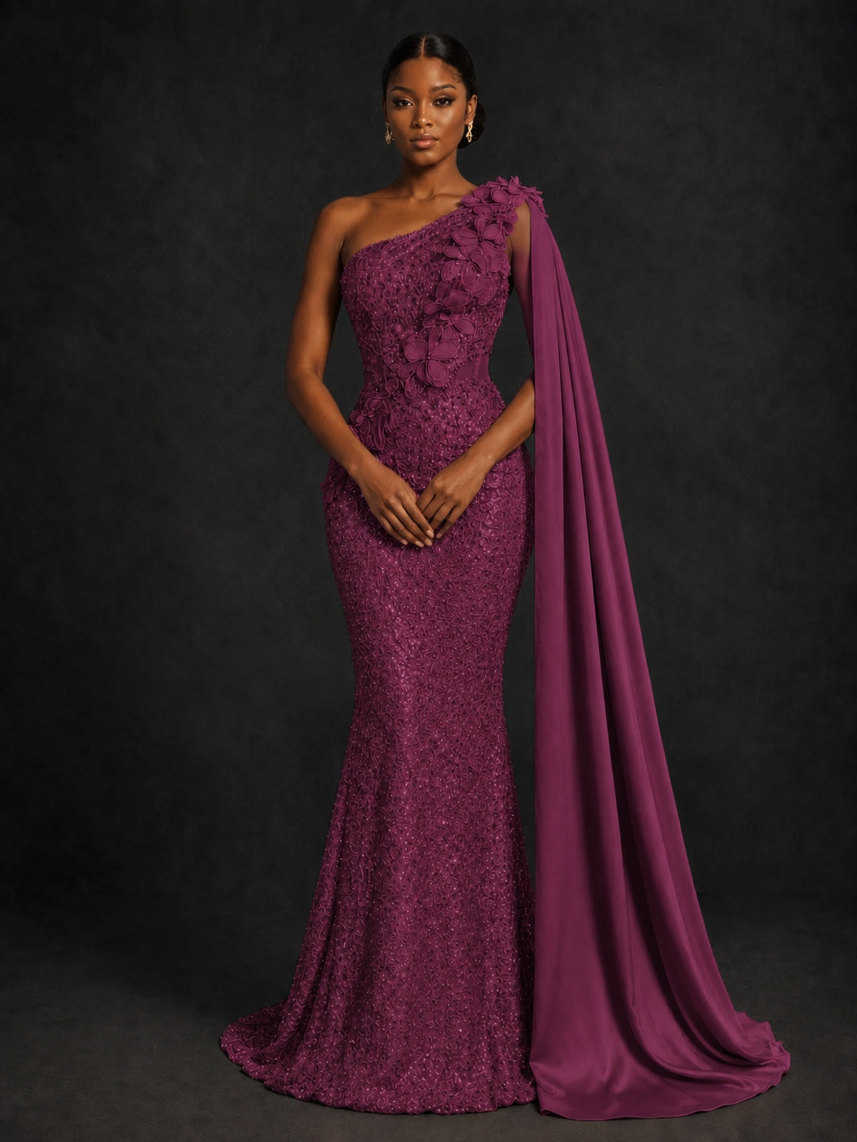 Gold Sequin One Shoulder Mermaid Prom Dress with Cape