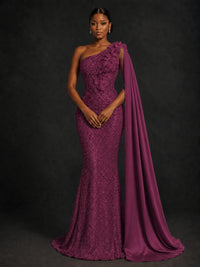 Gold Sequin One Shoulder Mermaid Prom Dress with Cape