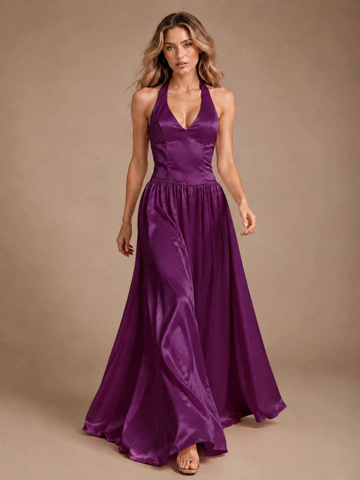 Pink V Neck Halter Satin Maxi Dress