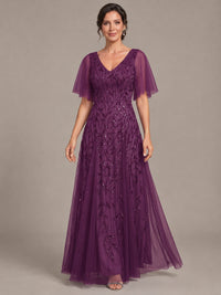 V-Neck Sequin Tulle Mother of the Bride Dress with Flutter Sleeve