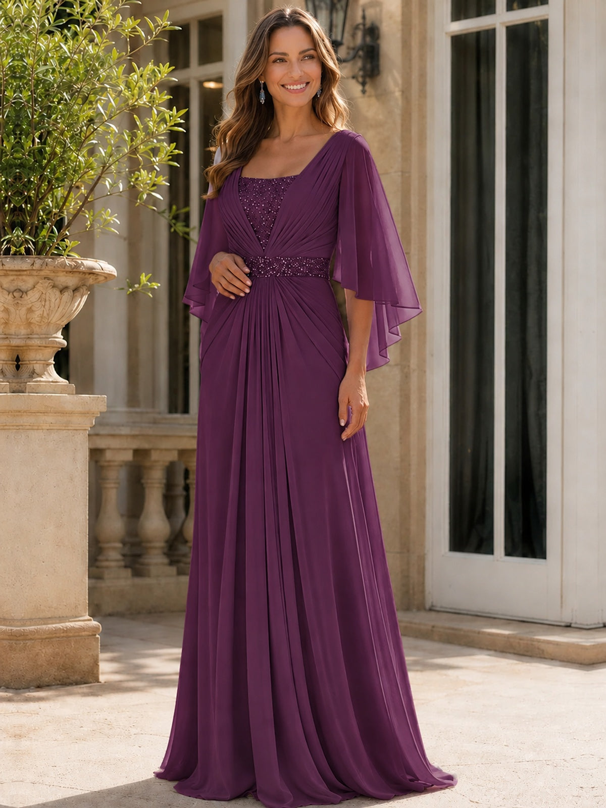 Elegant V-Neck Sequined Chiffon Mother of the Bride Dress with Flutter Sleeves