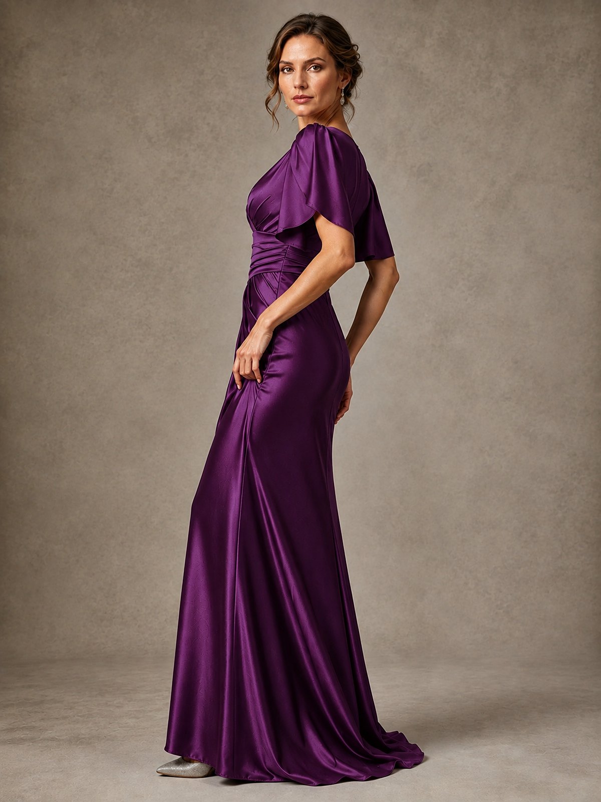 V-Neck Satin Mother of the Bride Dress with Flutter Sleeves