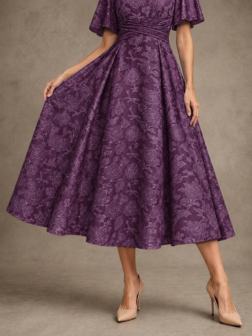 V-Neck Floral Jacquard Tea-Length Mother of the Bride Dress