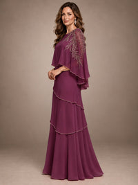 Elegant Chiffon Cape Sleeve Beaded Mother of the Bride Dress