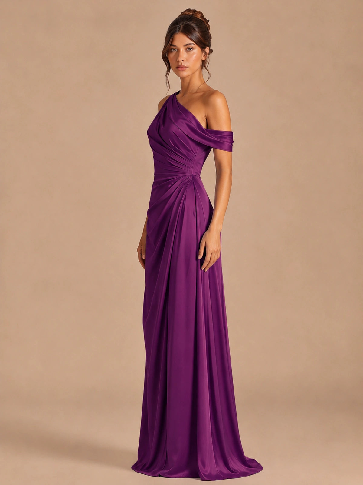 Satin One Shoulder Prom Dress Ruched Long Formal Evening Gown
