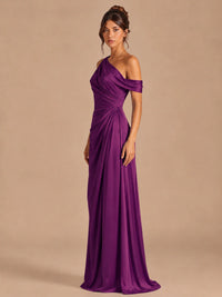 Satin One Shoulder Prom Dress Ruched Long Formal Evening Gown