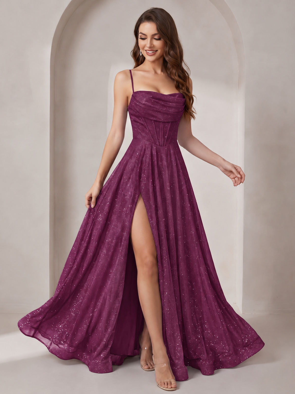 Sparkly Cowl Neck Corset Long Prom Dress with Slit A-line Tulle Ball Gown