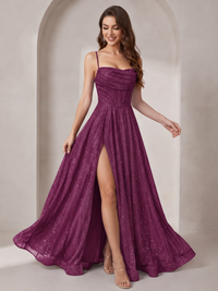 Sparkly Cowl Neck Corset Long Prom Dress with Slit A-line Tulle Ball Gown