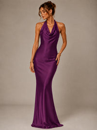 Olive Green Halter Satin Mermaid Maxi Dress