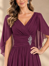 Ruched V Neck Mother of The Bride Dresses with Shawls Appliques and Cap Sleeves