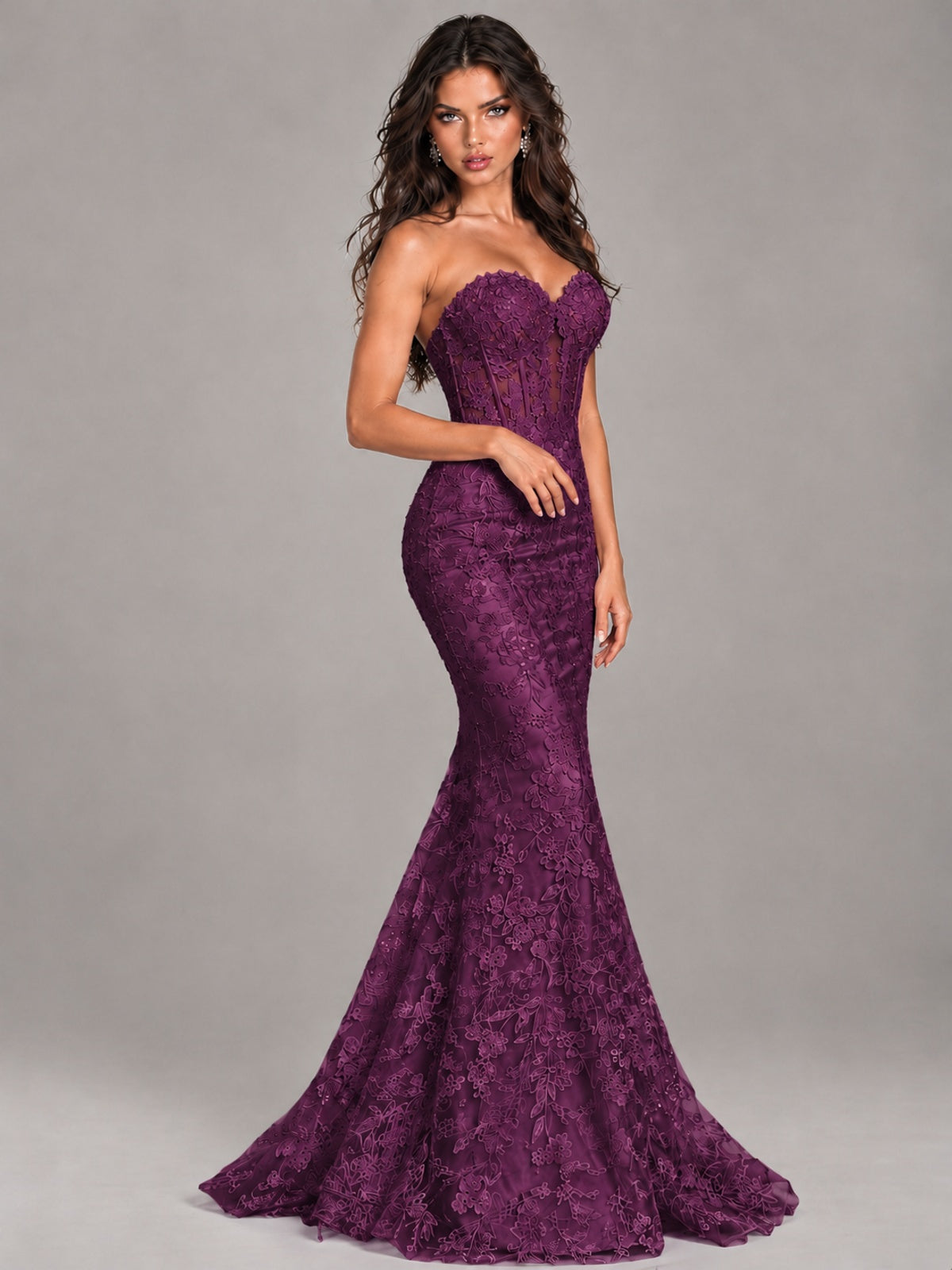 Strapless Corset Mermaid Prom Dress Lace Appliqué Formal Gown