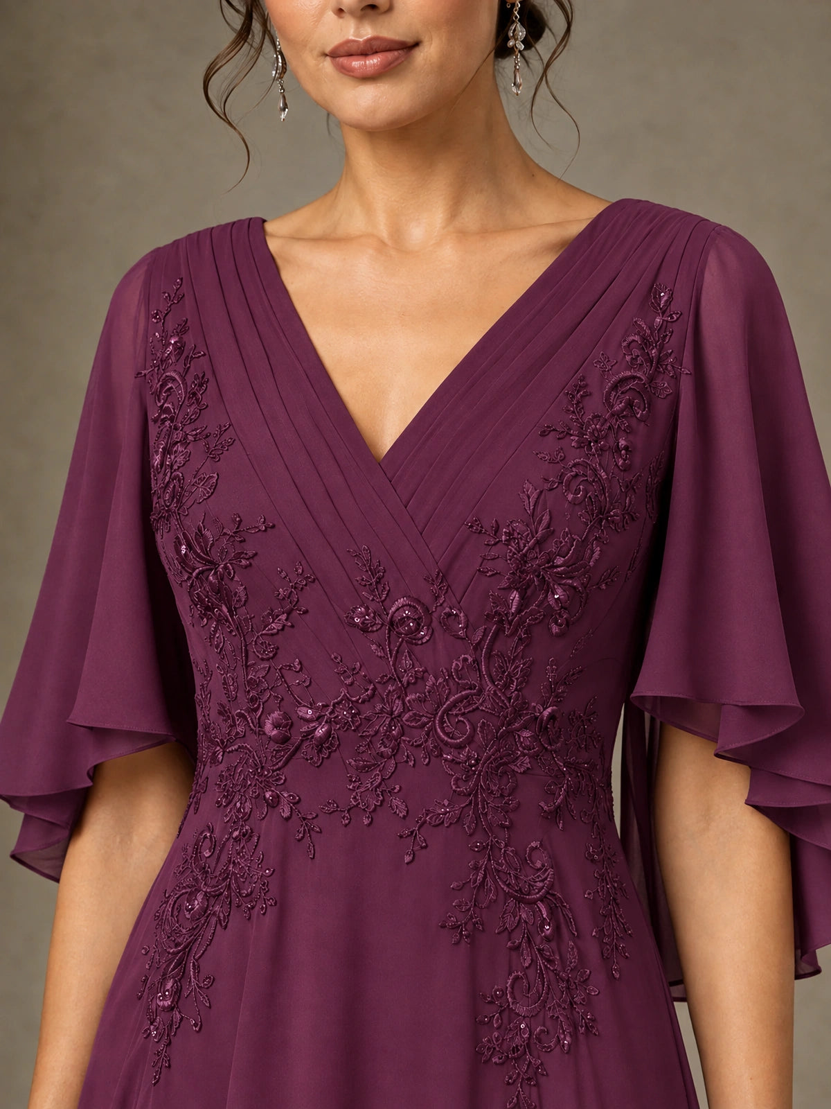 V-Neck Chiffon Lace Mother of the Bride Dress with Flutter Sleeves