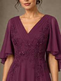 V-Neck Chiffon Lace Mother of the Bride Dress with Flutter Sleeves