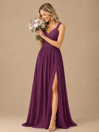 Pleated Chiffon V Neck Wedding Bridesmaid Dresses Floor Length with Slit