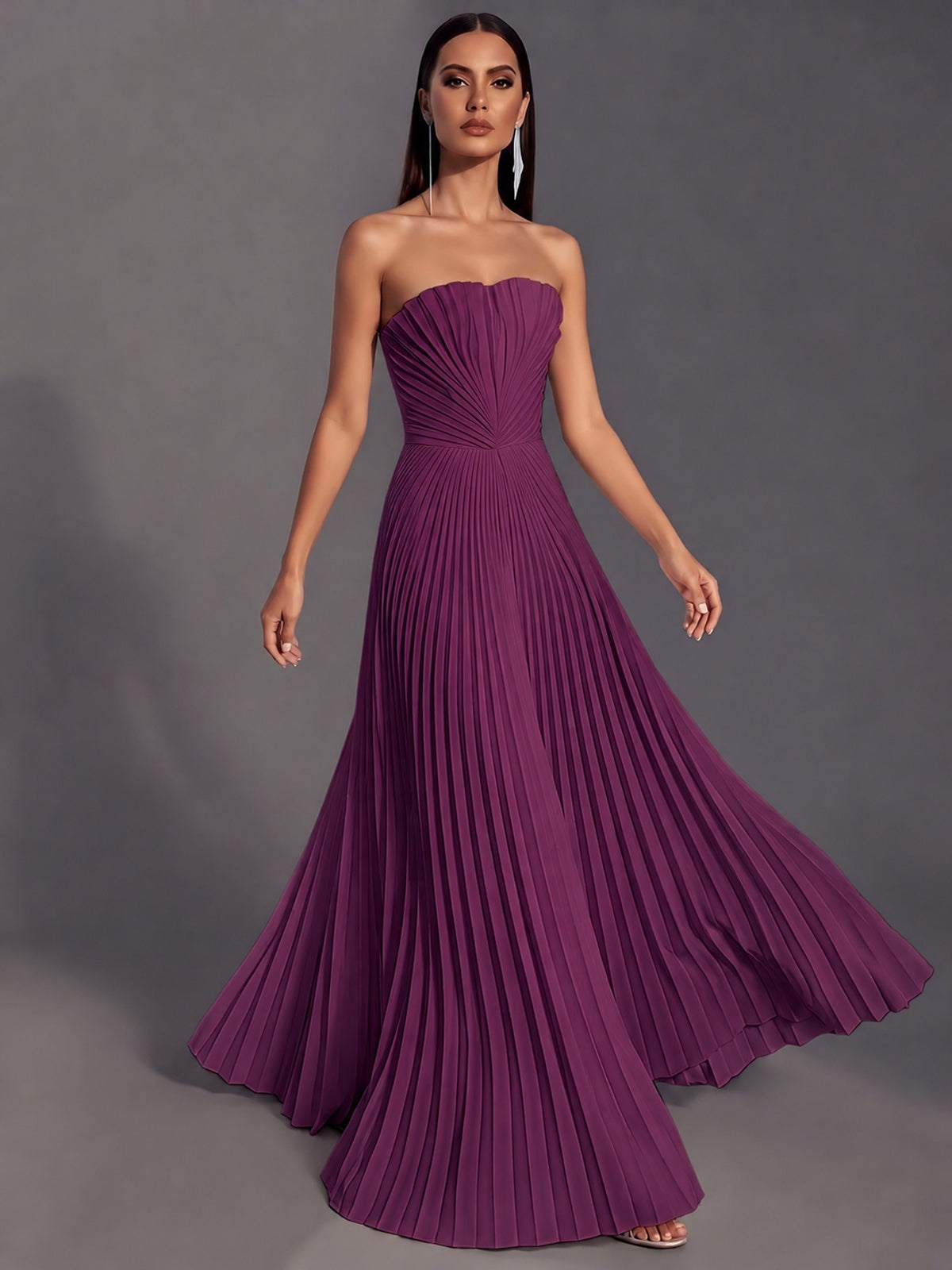 Strapless A-line Long Pleated Satin Prom Dress
