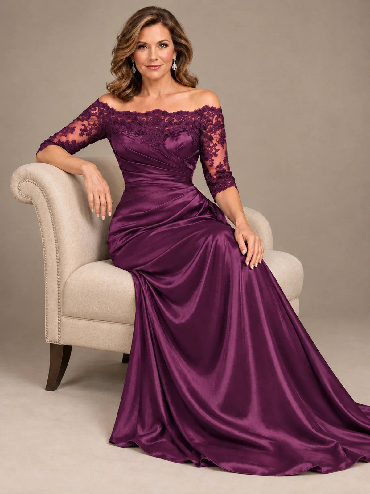 Satin Mother of the Bride Dress with Lace Sleeves Off Shoulder Formal Gown