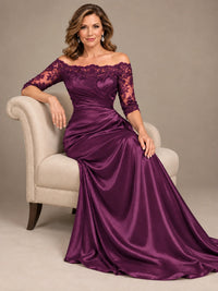 Satin Mother of the Bride Dress with Lace Sleeves Off Shoulder Formal Gown