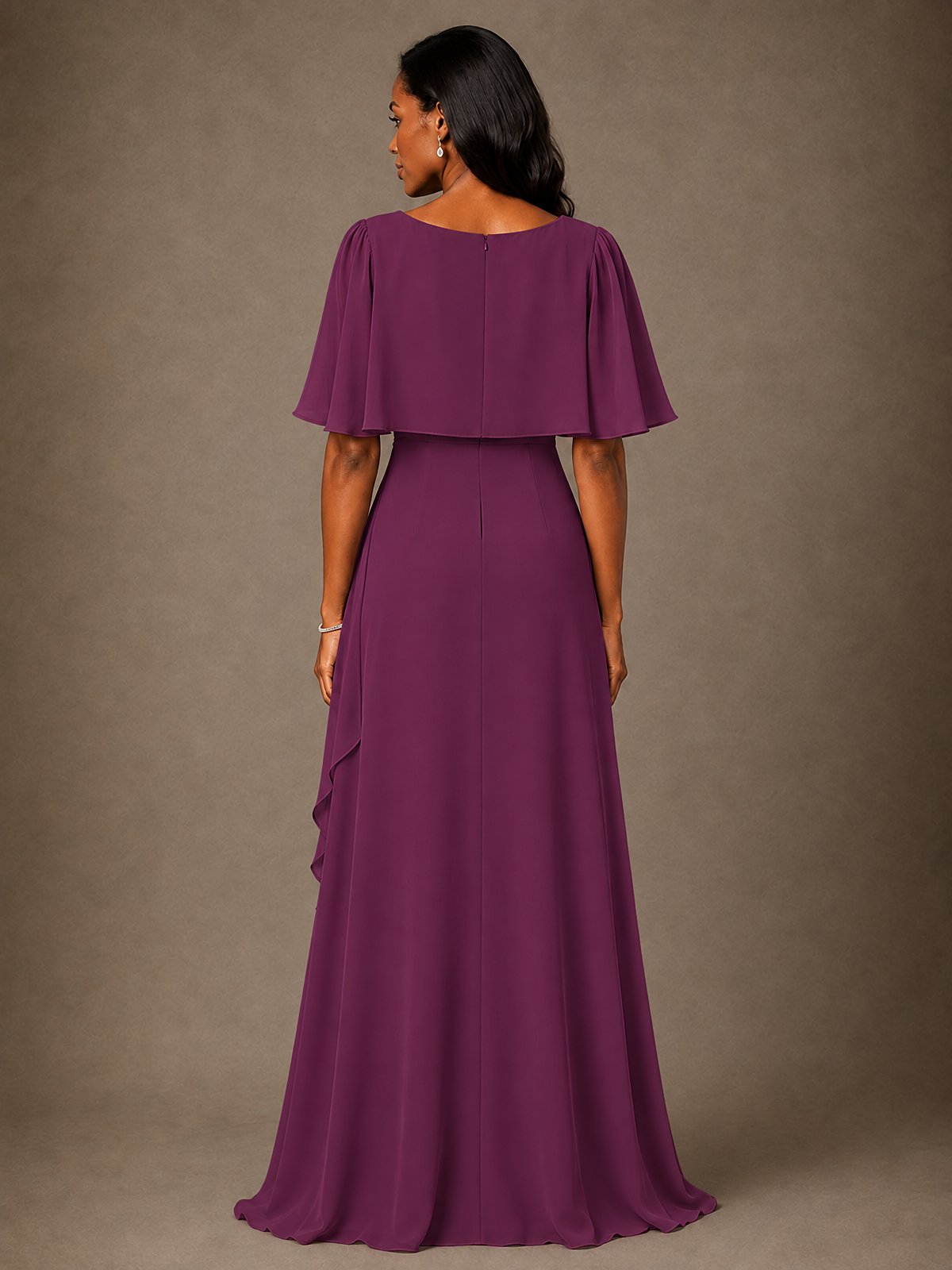 Taupe Chiffon A-Line Mother of the Bride Dress with Cape Sleeves