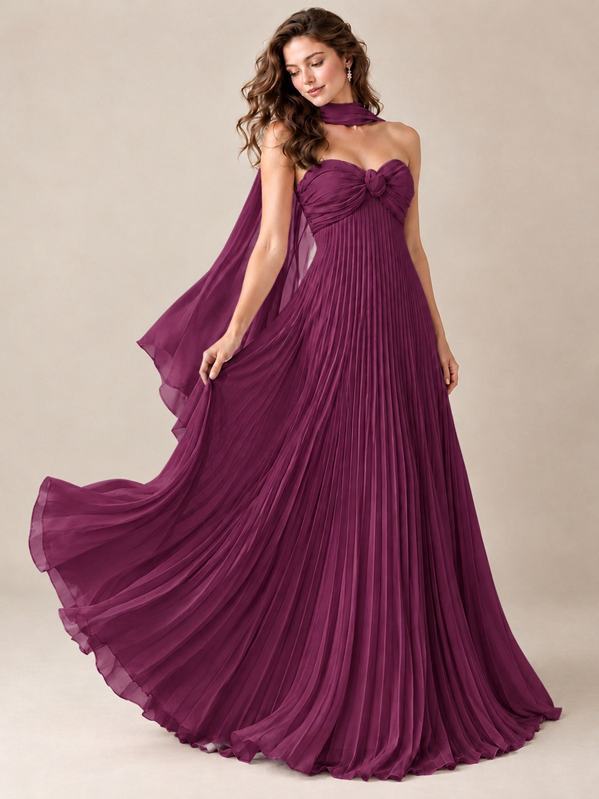 Sweetheart Neckline Pleated Prom Dress Strapless A-line Formal Dress with Flowy Scarf