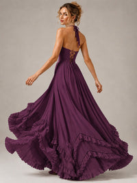 Halter V Neck Chiffon Formal Dress with Lace-Up Back and Ruffle Hem