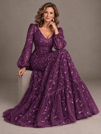 Floral Sequin Embroidered A-Line Mother of the Bride Dress with Long Sleeves
